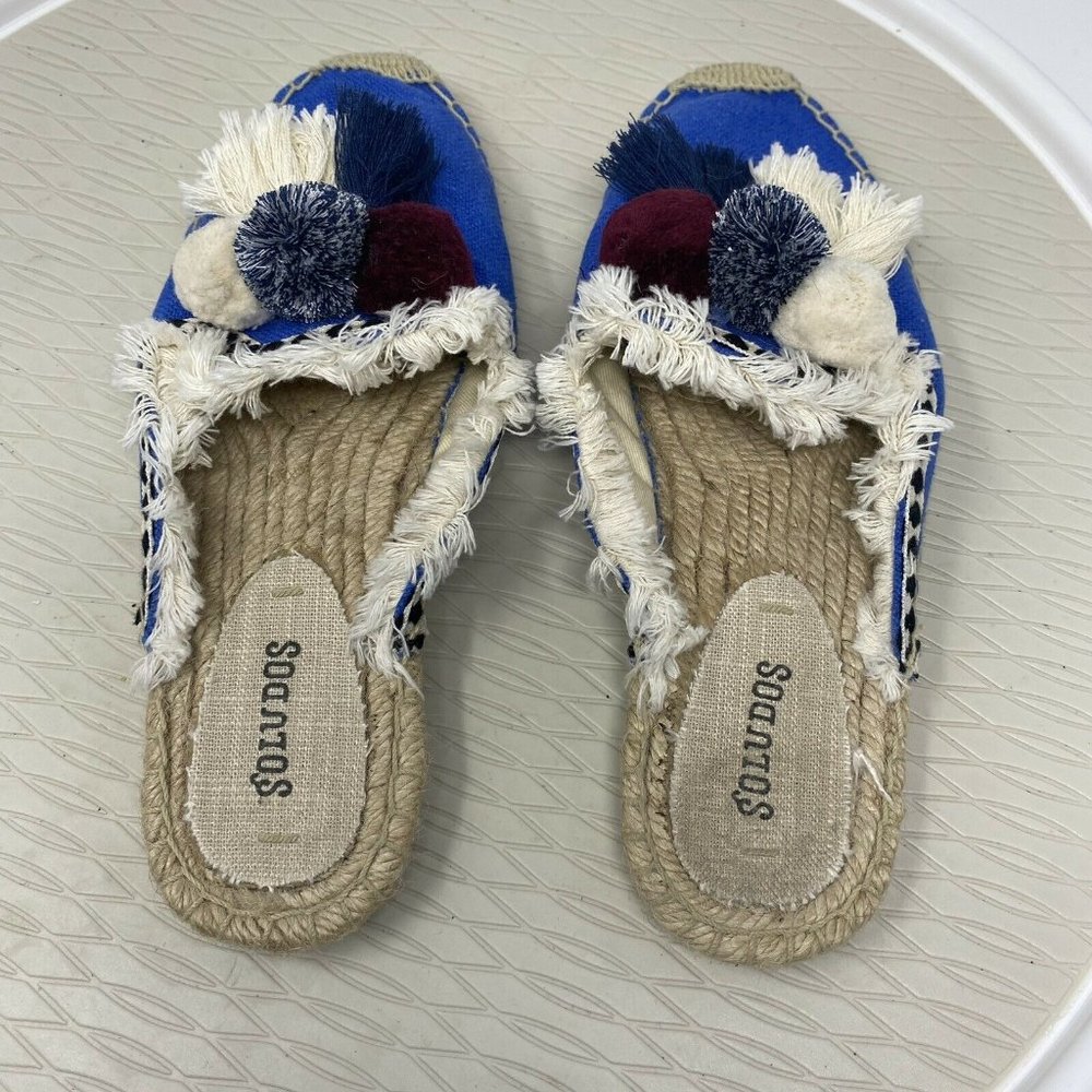 Soludos Slip On Shoes 7.5 Pom Pom Mule Blue Frayed Embellished Canvas Vegan - Picture 5 of 10